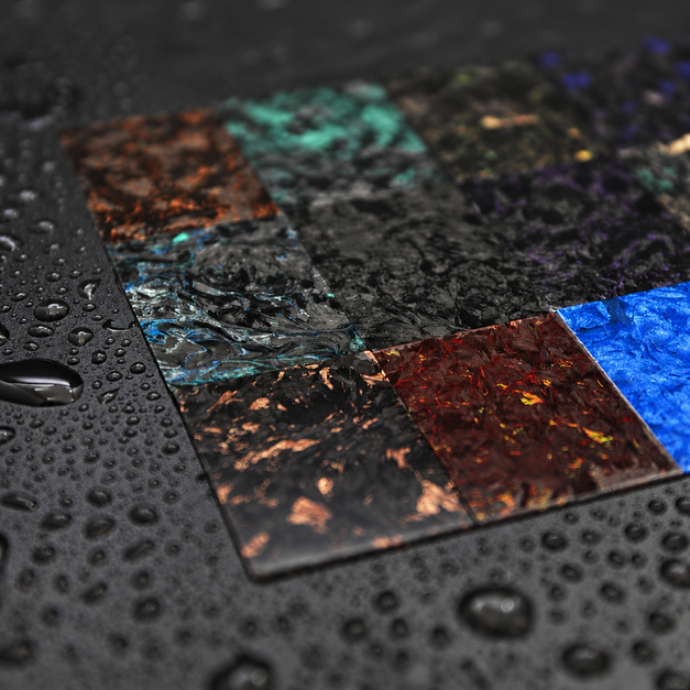 colored forged carbon fiber in different colors with integrated material color