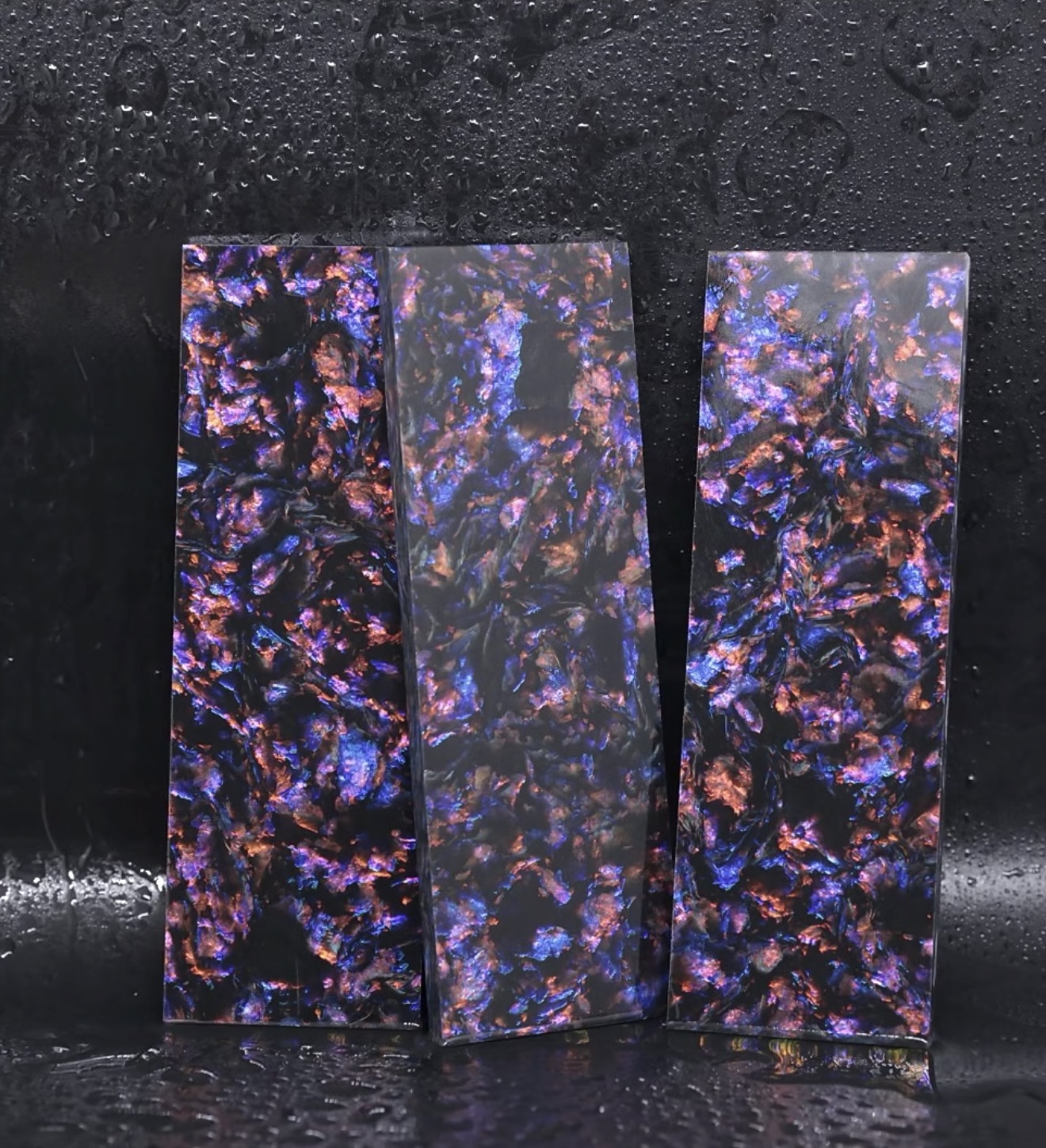 Spectrum Collection colored forged carbon composite sheet and panel material with vivid multi color visual effects for premium products.