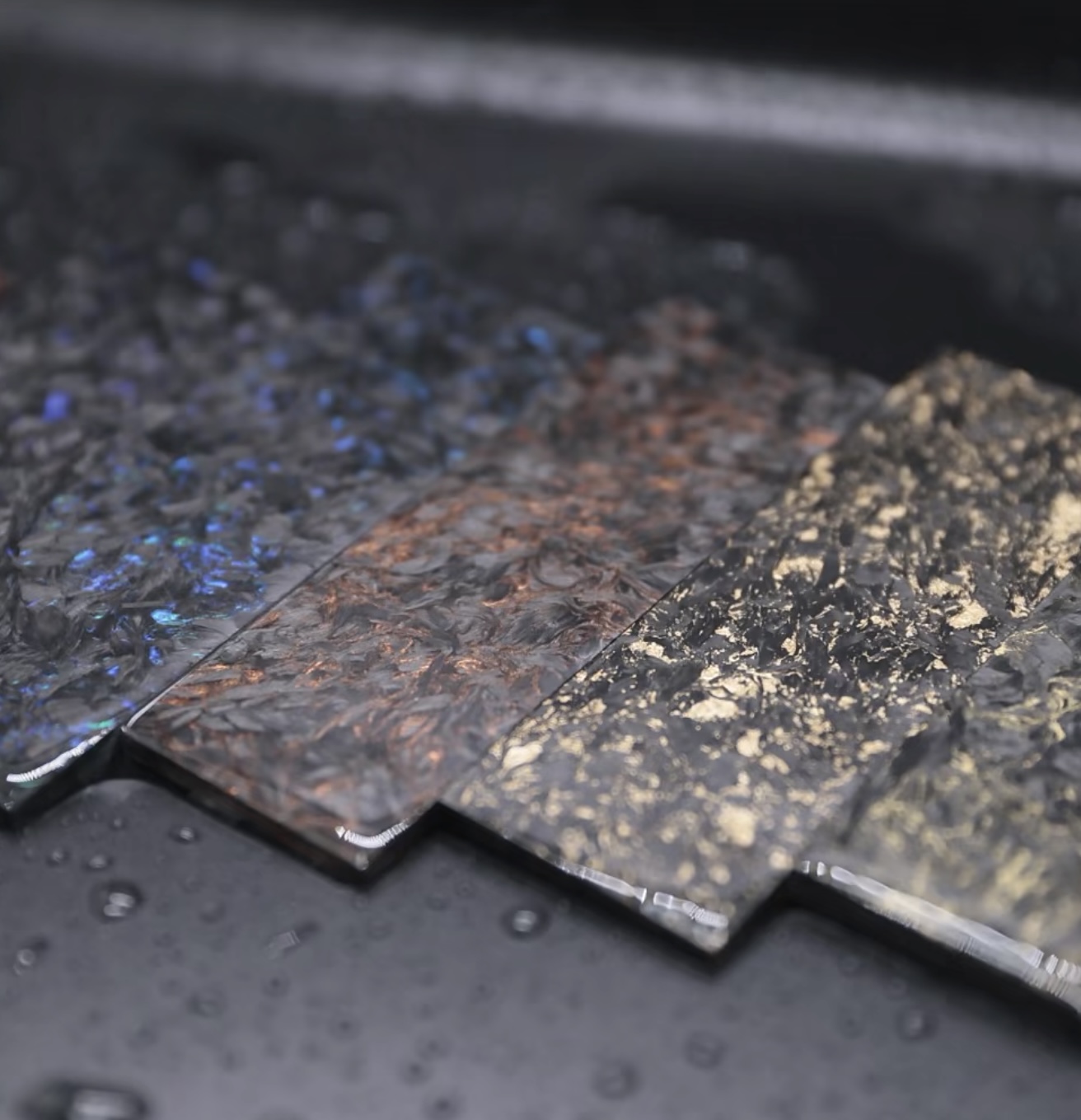 Spark Collection luminous forged carbon composite sheet and panel material with bright glow and energetic color effects for premium design.