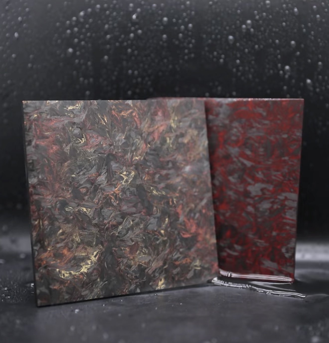 Spark Collection luminous forged carbon composite material with bright glow and energetic color effects for premium design.