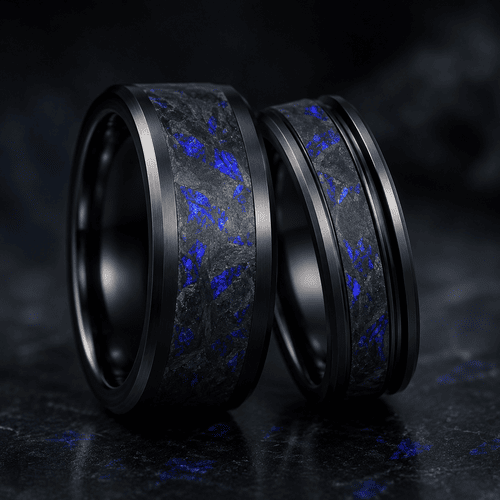 Close-up of a black carbon fiber tube with blue patterns